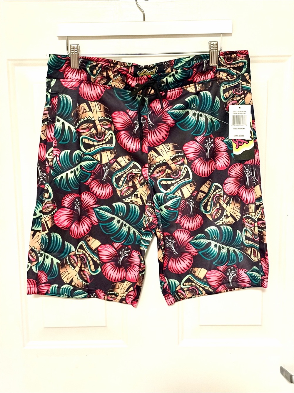 Men's Black Floral Tiki Board Shorts with Pink & Teal Print
